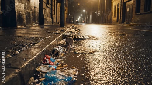 A brown rat scavenges for food among cigarette butts and trash on a wet street at night. This gritty urban scene illustrates pest problems, sanitation issues, and city life decay.