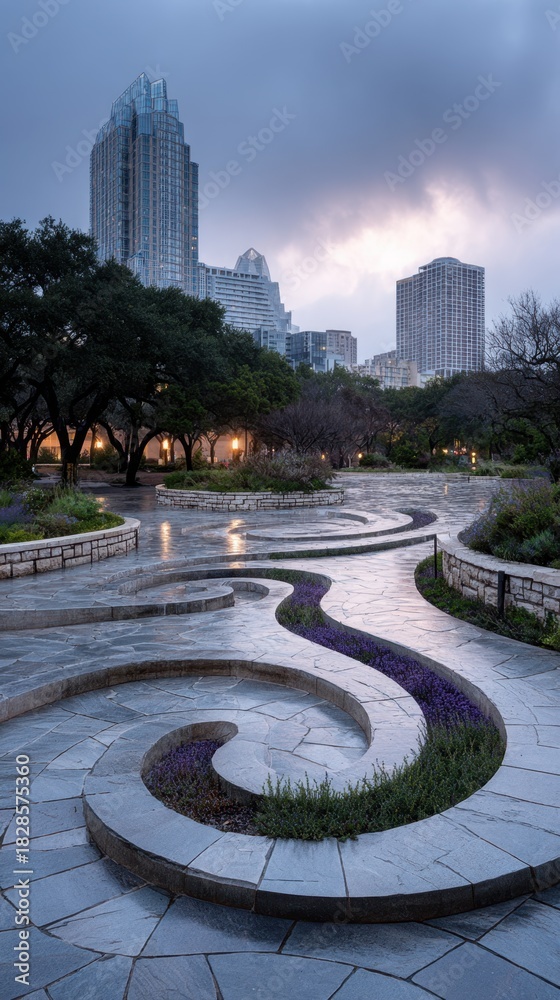 Obraz premium Modern urban park: curved stone pathway at dusk with city skyline