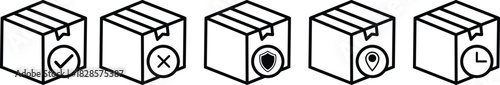 shipping box with checkmark, gear, location, pin, cross, clock, shield, search, magnifying glass, isolated, white ba. Delivery and shipping line icon set. Logistics vector graphic elements for e-comme