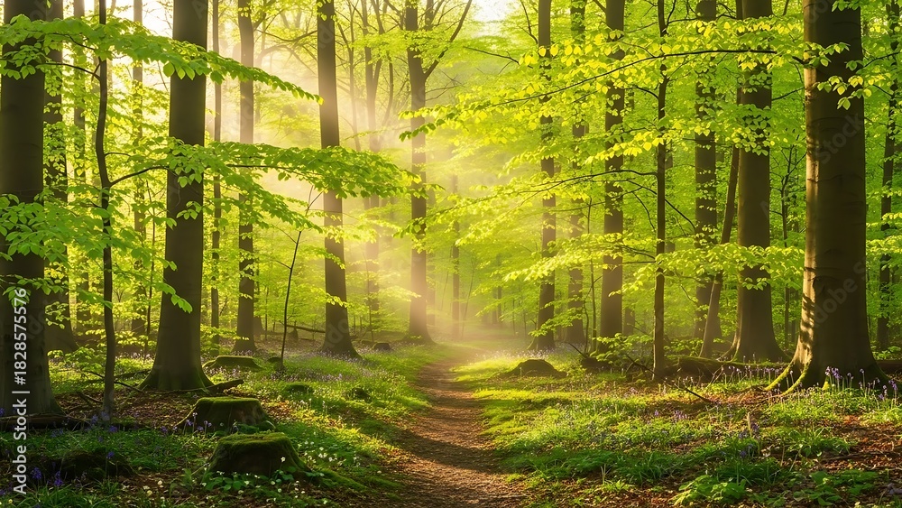Obraz premium Sunlight streams through lush green forest canopy illuminating a winding path in early morning mist