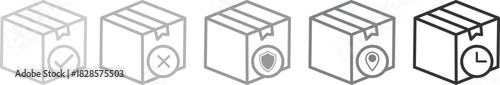 shipping box with checkmark, gear, location, pin, cross, clock, shield, search, magnifying glass, isolated, white ba. Delivery and shipping line icon set. Logistics vector graphic elements for e-comme