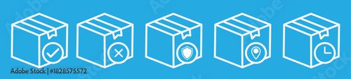 shipping box with checkmark, gear, location, pin, cross, clock, shield, search, magnifying glass, isolated, white ba. Delivery and shipping line icon set. Logistics vector graphic elements for e-comme