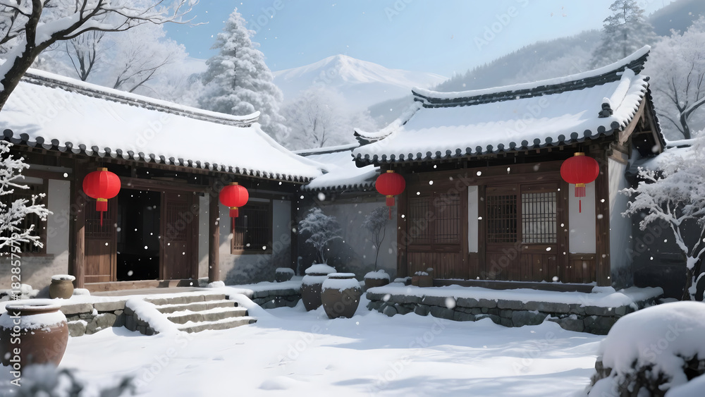 Fototapeta premium A Warm Chinese Courtyard Covered in Snow