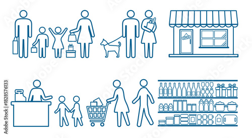 人　家族　買い物　ピクトグラム　線画アイコンセット