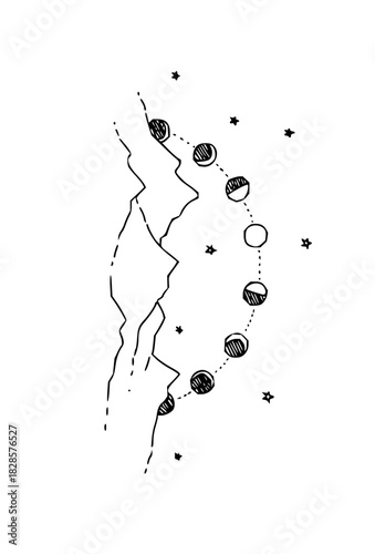 Mystical moon phases adorn a rocky mountain landscape under a starry night, perfect for astrology enthusiasts and nature lovers seeking dreamy, celestial art