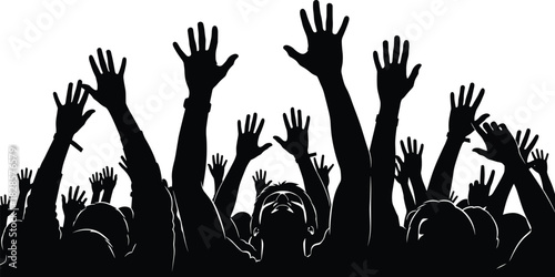 Concert Crowd Cheering, Silhouette of People with Raised Hands in Excitement and Celebration, Audience Waving at Live Music Festival