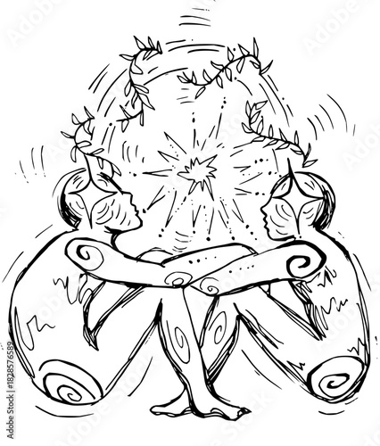 Enlightened connection bringing harmony and growth, two figures intertwined with nature's energy and celestial radiance, spiritual awakening and unity