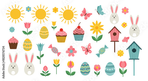 Charming collection of flat cartoon vector icons for spring and Easter, featuring suns, flowers, bunnies, decorated eggs, cupcakes, and birdhouses on white.