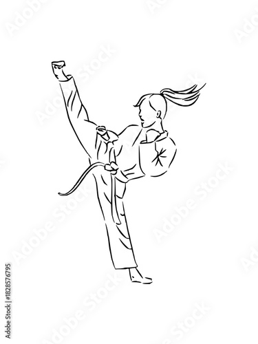 Dynamic line art of a female martial artist executing a high kick, showing strength, focus, and discipline in this simple yet powerful design