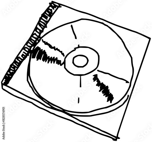 Retro technology sketch featuring a classic computer disk in a jewel case, perfect for nostalgic themes and vintage tech projects with a hand-drawn style