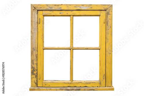 Old yellow wooden window frame, isolated on white background
