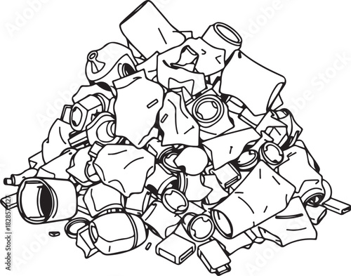 Metal Recycling Pile of Cans Hand-drawn Sketch Drawing Vector Illustration, Line Linear Symbol Engraving Coloring Book, Black and White Isolated