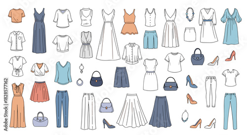 A comprehensive collection of diverse women's clothing essentials and stylish accessories for building versatile outfits and a capsule wardrobe.