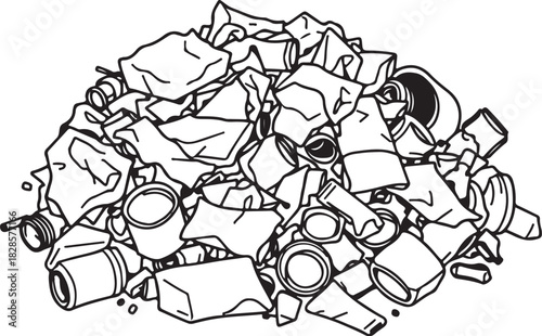 Pile of Trash Waste Dump Recycling Hand-drawn Sketch Drawing Vector Illustration, Line Linear Symbol Engraving Coloring Book, Black and White Isolated