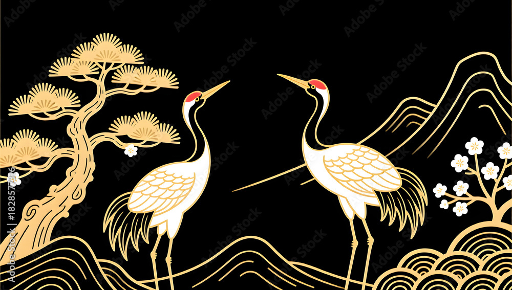 Naklejka premium Elegant Line Drawing of Spring Cranes and Pines