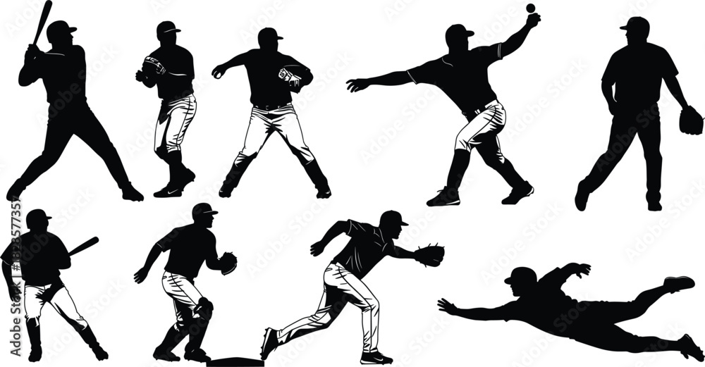 Naklejka premium Baseball Player Action Silhouette Vector Collection Set Illustrating Various Poses, Including Hitting, Pitching, Catching, Fielding, and Sliding for Sports and Athletic Design Concepts