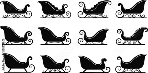 Christmas Sleigh and Santa's Sledge Vector Silhouette Collection Set Illustrating Various Traditional and Decorative Styles with Scrollwork Runners for Festive Holiday and Winter Designs