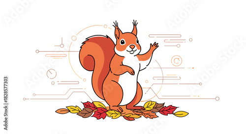 Cheerful cartoon squirrel waving hello from a pile of autumn leaves, with subtle abstract tech-inspired lines in the background.
