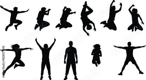 Dynamic People Jumping Silhouette Vector Collection Set Illustrating Various Poses, Including Mid-Air Leaps, Freefall, and Celebration for Energy, Freedom, and Youth Concepts