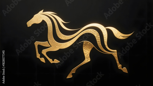Flowing golden lines shaping a running horse