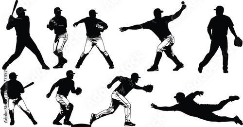 Baseball Player Action Silhouette Vector Collection Set Illustrating Various Poses, Including Hitting, Pitching, Catching, Fielding, and Sliding for Sports and Athletic Design Concepts