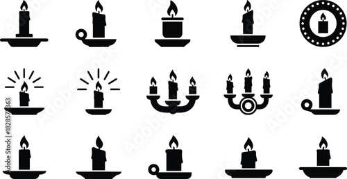 Candle and Candlestick Vector Silhouette Icon Collection Set Illustrating Burning Flames, Holders, and Candelabra for Religion, Ritual, Remembrance, and Decoration Concepts