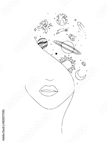 Cosmic Mind: Woman with Universe Thoughts