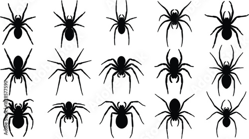 Black Spider Silhouette Vector Icon Collection Set Illustrating Various Arachnids and Eight-Legged Poses, Ideal for Halloween, Phobias, Web, and Horror-Themed Designs
