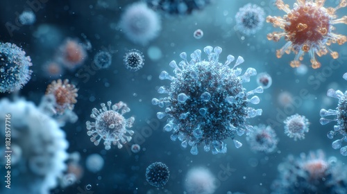 Microscopic view of virus particles in a blue fluid environment.