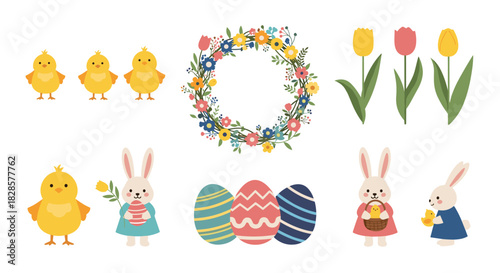 A vibrant collection of Easter-themed illustrations featuring cute chicks, bunnies, colorful eggs, a floral wreath, and spring tulips.