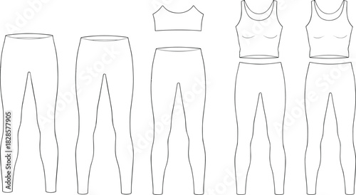 Activewear technical sketch set, leggings and crop tops, fashion flat drawing, front view, vector apparel template, cad drawing flat vector illustration
