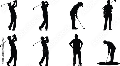 Golf Player Silhouette Vector Collection Set Illustrating Various Stages of the Swing, Including Tee Shot, Fairway, and Putting Poses for Sports, Leisure, and Tournament Design