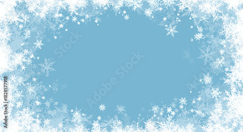 Elegant frosty blue winter background with a frame of delicate white snowflakes, ideal for seasonal celebrations and cool designs.