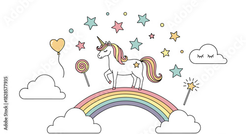 Cute cartoon unicorn standing on a rainbow with clouds, stars, and magical elements in a whimsical illustration.