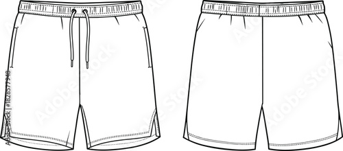Athletic shorts technical sketch, front and back view, drawstring waistband flat drawing, garment CAD fashion vector illustration