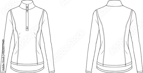 Athletic pullover top technical sketch, front and back view fashion flat drawing, seam and zip detail, cad drawing flat vector illustration