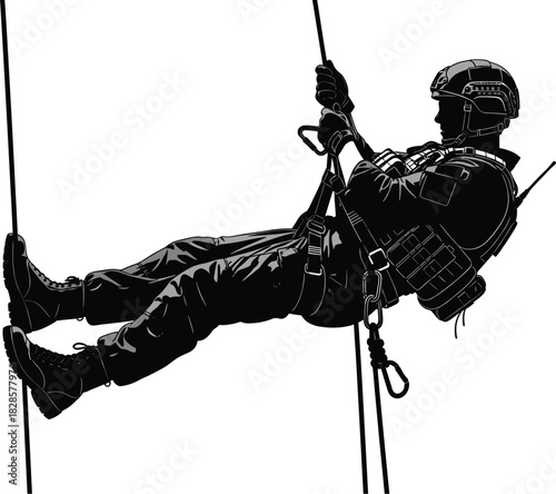 Detailed Military Soldier Rappelling Vector Silhouette Illustration Showing a Special Forces Operative in Full Gear Descending a Rope for Tactical, Army, and Security Concepts