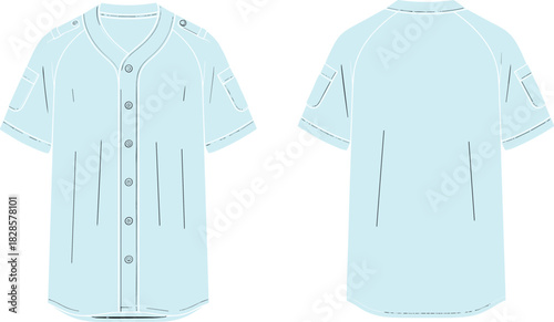 Cad drawing flat vector illustration, short sleeve shirt technical sketch, front and back view, fashion design, garment construction template