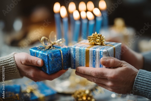 closeup of hands giving and receiving blue gifts with golden ribbons on soft candlelight background symbol of hanukkah sharing peace and tradition