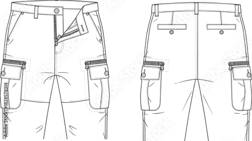 Cad drawing flat vector illustration, technical fashion sketch, cargo pants front back view, flap pockets zippers, garment design detail