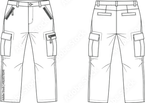 Cad drawing flat vector illustration, technical fashion sketch, cargo pants front back view, zip pockets flap compartments, garment design