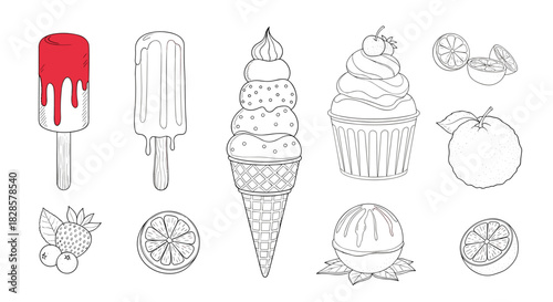 Hand-drawn outline vector set of summer desserts and fresh fruits, featuring ice cream, popsicles, cupcakes, citrus, and berries.