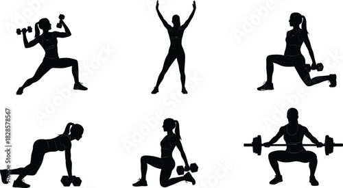 Fitness and Weight Training Vector Silhouette Collection Set Illustrating Various Exercises, Including Lunges, Squats, and Dumbbell Workouts for Health, Gym, and Exercise Concepts