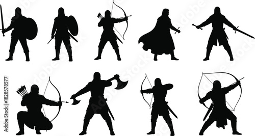 Medieval Warrior and Fantasy Fighter Vector Silhouette Collection Set Illustrating Soldiers with Swords, Shields, Bows, and Axes for History, Gaming, and Battle Concepts