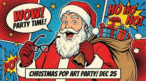 Pop Art Comic Style Illustration of Excited Santa Claus with Sack of Gifts, Merry Christmas Party, Celebration and Holiday Poster Template.