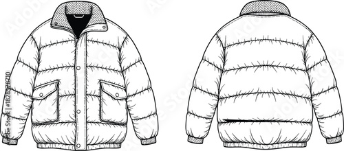 Cad drawing flat vector illustration, technical fashion sketch, quilted puffer jacket front back view, flap pockets, ribbed hem design