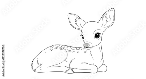 Adorable black and white line art illustration of a cute baby deer fawn lying down, featuring big eyes and distinctive spots.