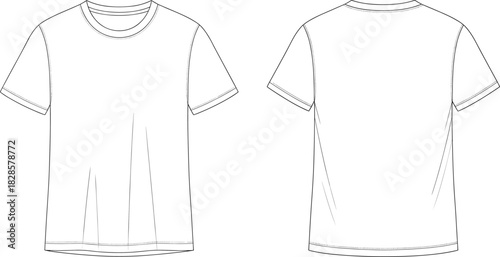 Cad drawing flat vector illustration, technical fashion sketch, short-sleeve t-shirt front back view, crew neckline, standard hem garment design