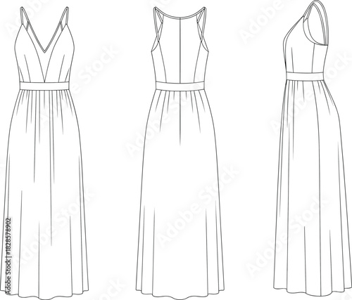 Cad drawing flat vector illustration, technical fashion sketch, sleeveless dress multi-view, V-neck scoop back, gathered skirt garment design