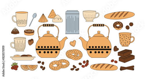 A delightful collection of breakfast and tea time elements featuring teapots, mugs, baked goods, and sweet treats.